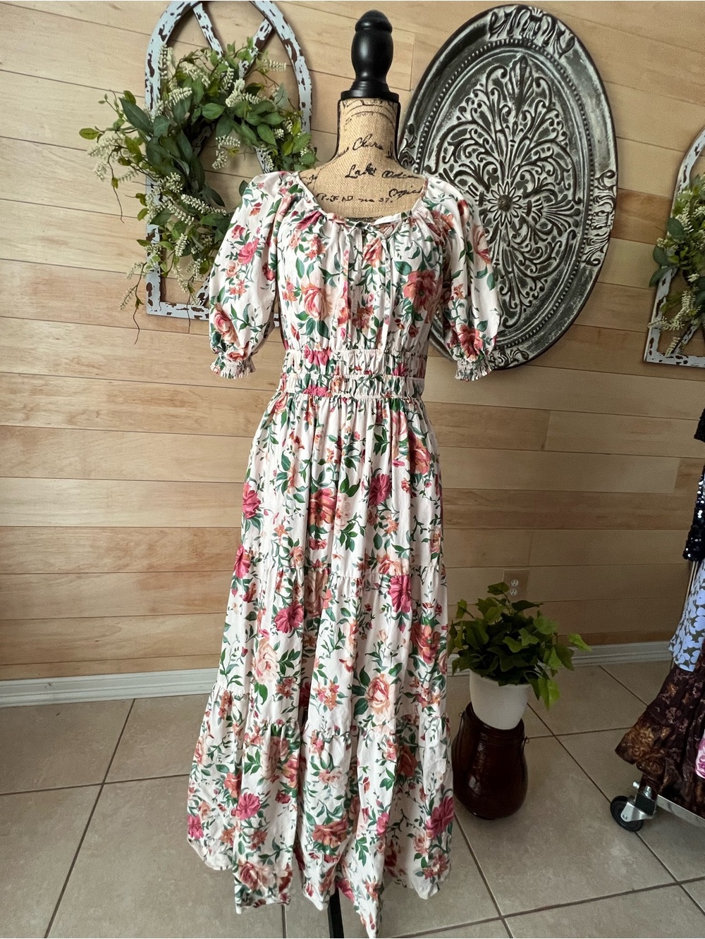 Anthropologie Pink Maxi Dress with Rose & Green Floral Size Small